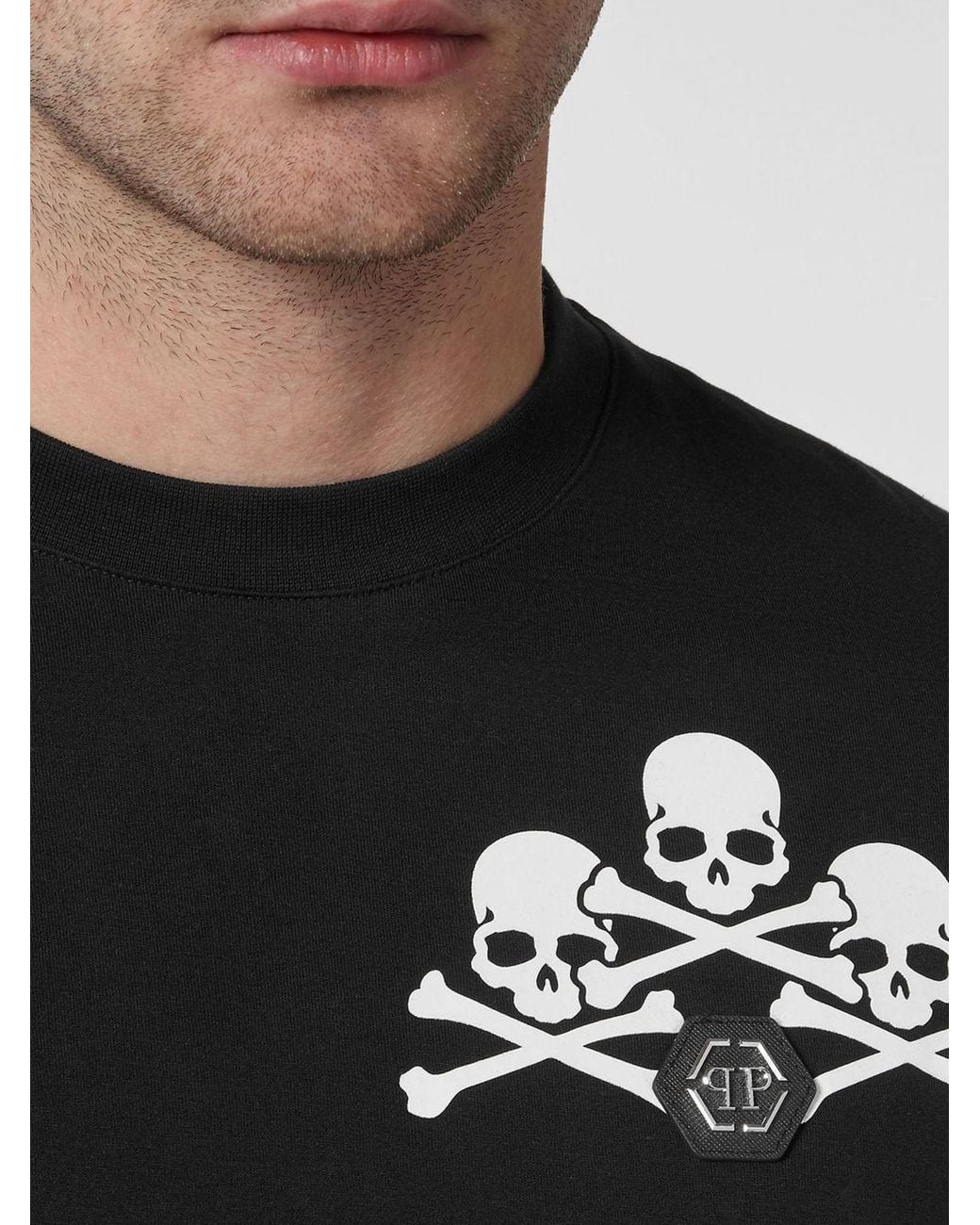 Philipp Plein Black Cotton T-Shirt With Skull Print And Monogram Motif for men