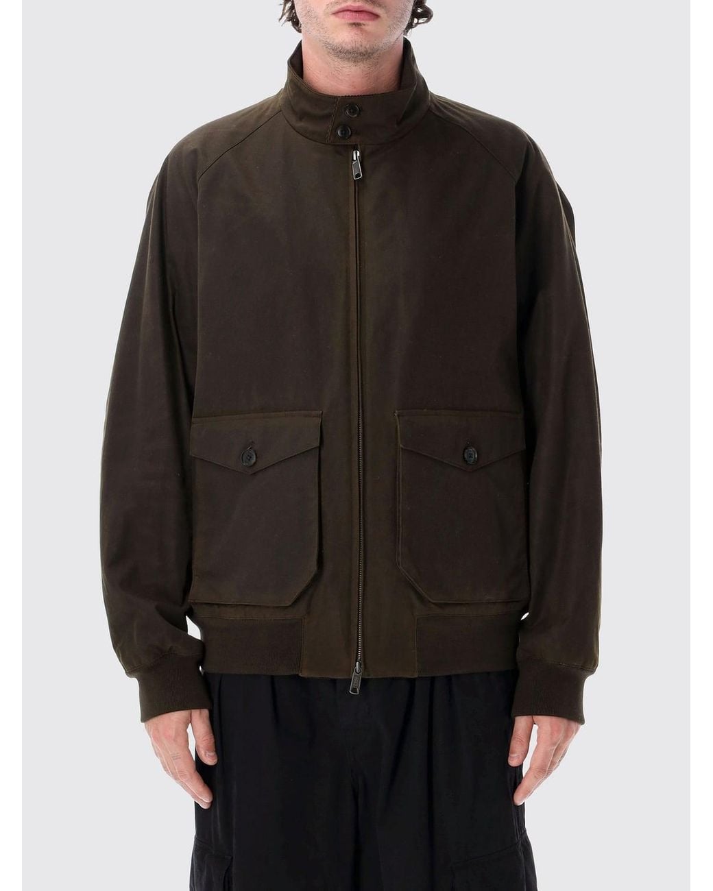 Baracuta Black Waxed Cotton Bomber Jacket With High Collar And Flap Pockets for men