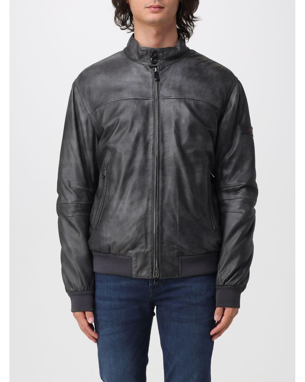Peuterey Gray Fiona Padded Calfskin Leather Bomber Jacket With Biker Collar for men