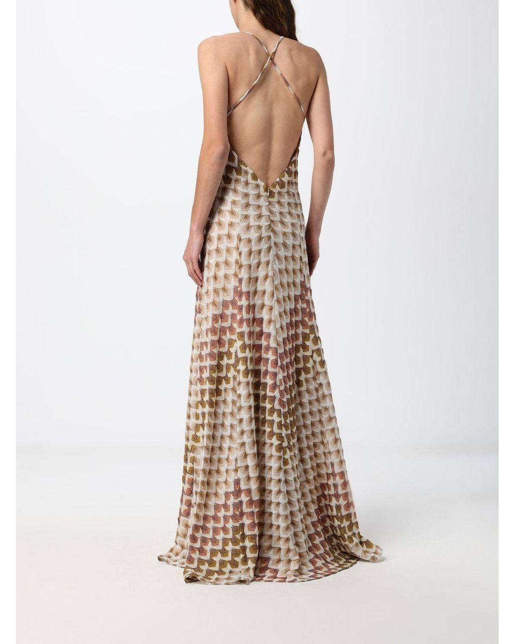 Missoni Natural Long Geometric Lurex Evening Gown With V-Neck