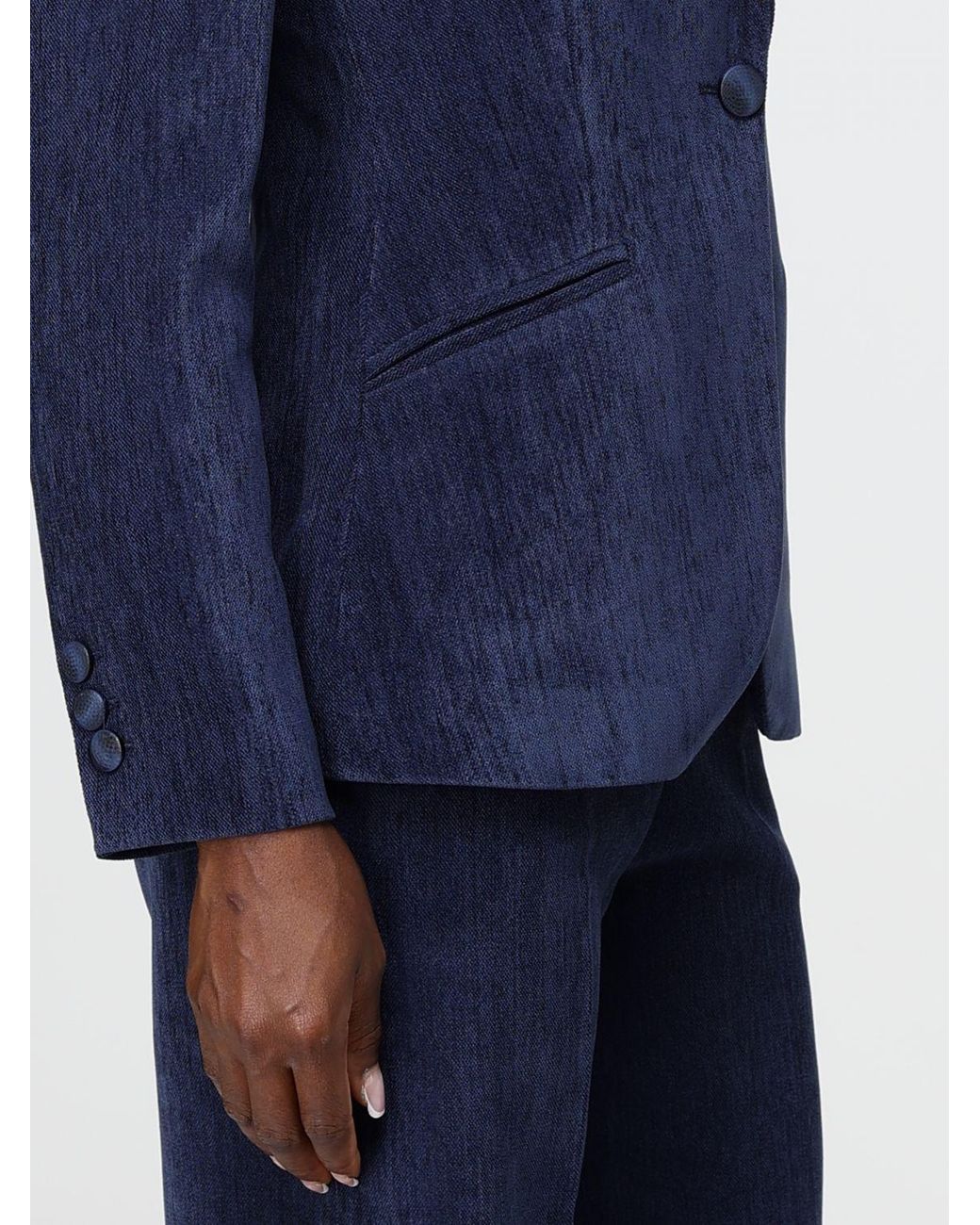 Hanita Blue Single-Breasted Velvet Blazer With Lapel Collar And Slit Pockets