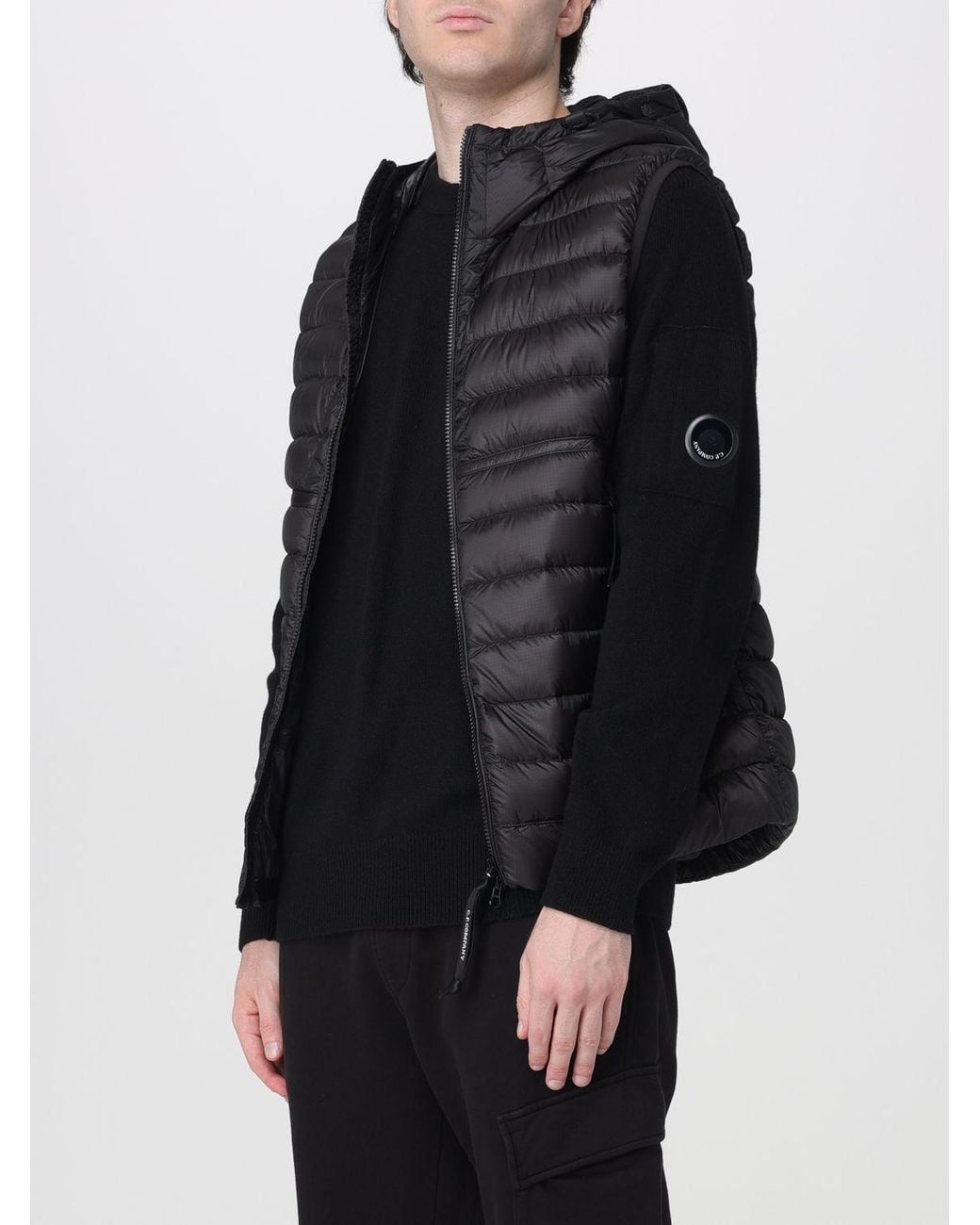 C P Company Black Quilted Nylon Padded Gilet With Hood And Iconic Goggle Lenses for men