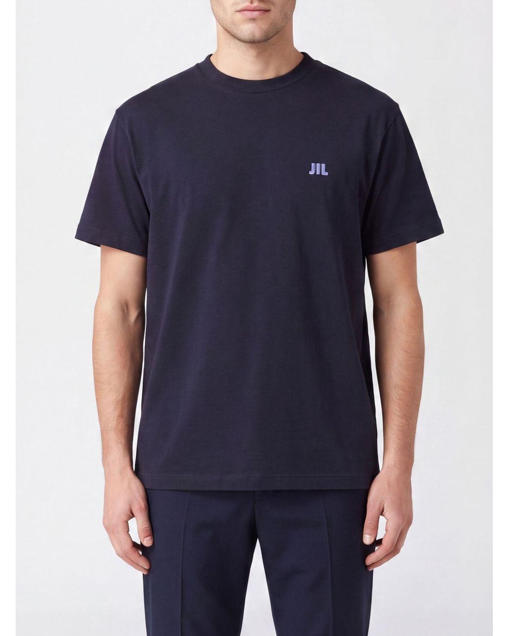Jil Sander Blue Cotton Crewneck T-Shirt With Contrast Logo On Chest for men