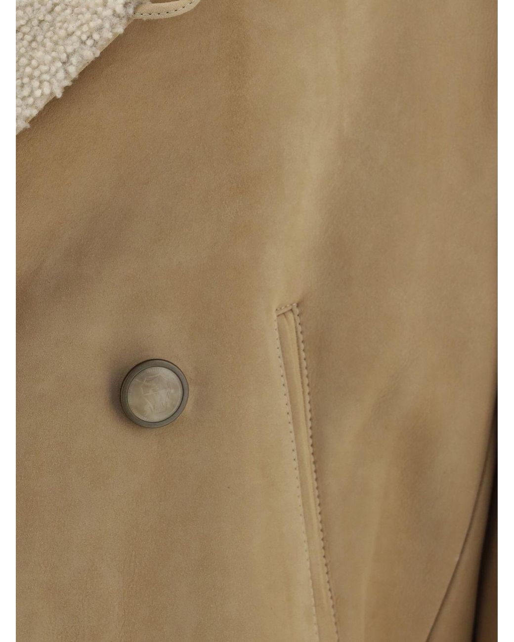 Brunello Cucinelli Natural Double-Breasted Shearling Coat With Shawl Collar for men