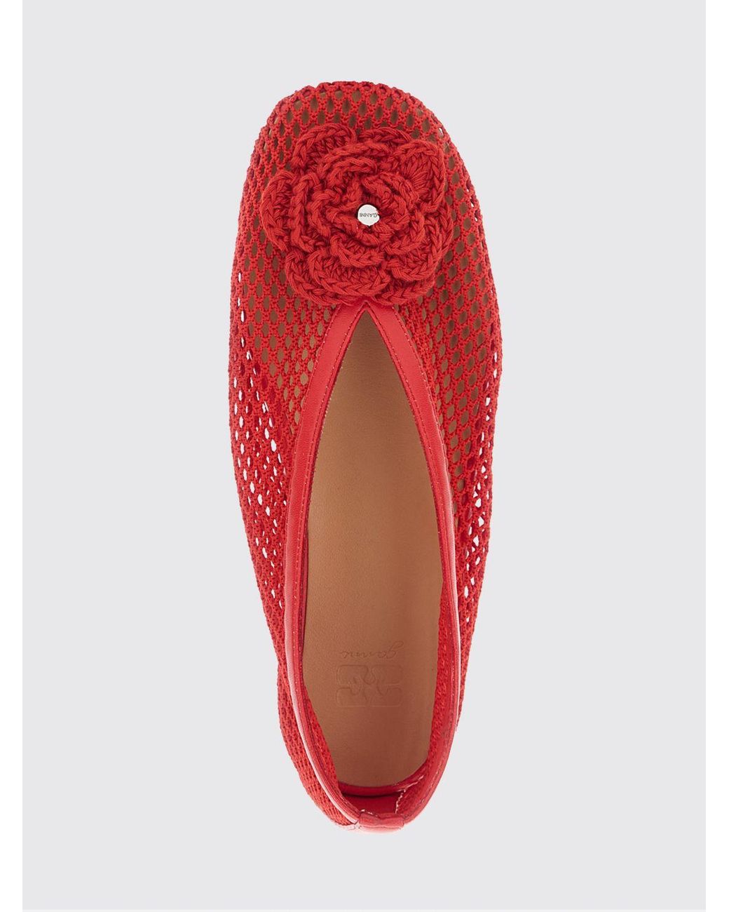 Ganni Red Perforated Cotton Ballet Flats With Floral Appliqué