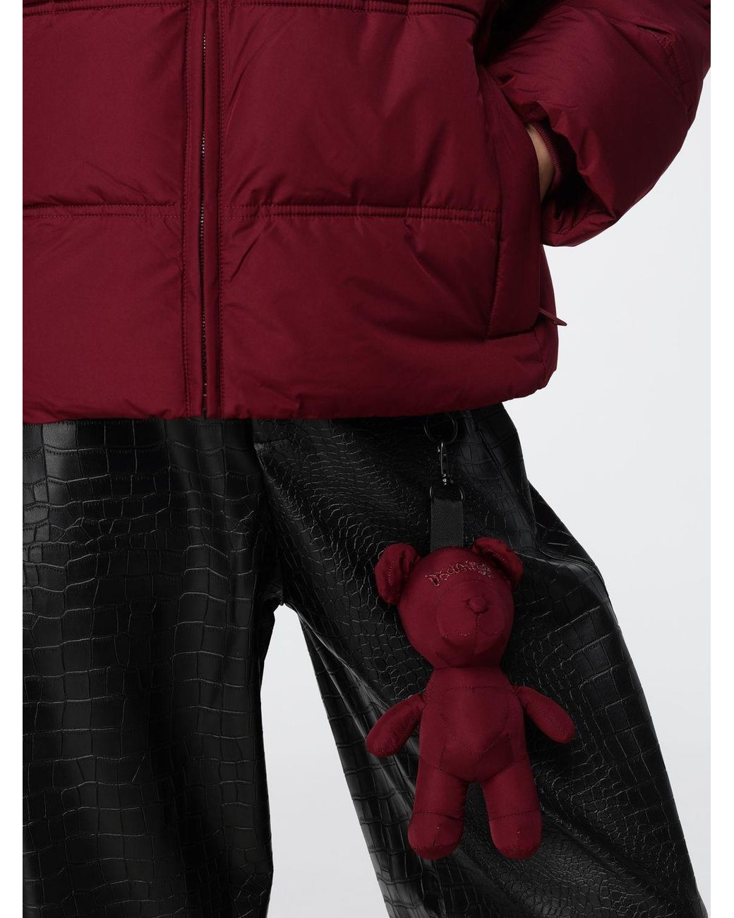DISCLAIMER Red Quilted Short Puffer Jacket With Hood And Funnel Neck