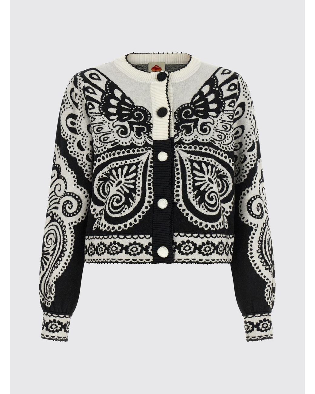 Farm Rio White Abstract Jacquard Knit Crewneck Cardigan With Button Closure