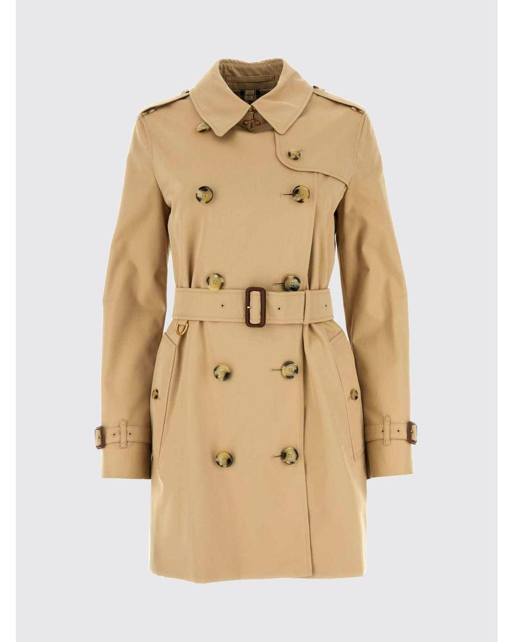 Burberry Natural Short Double-Breasted Cotton Trench Coat With Belt And Classic Epaulettes