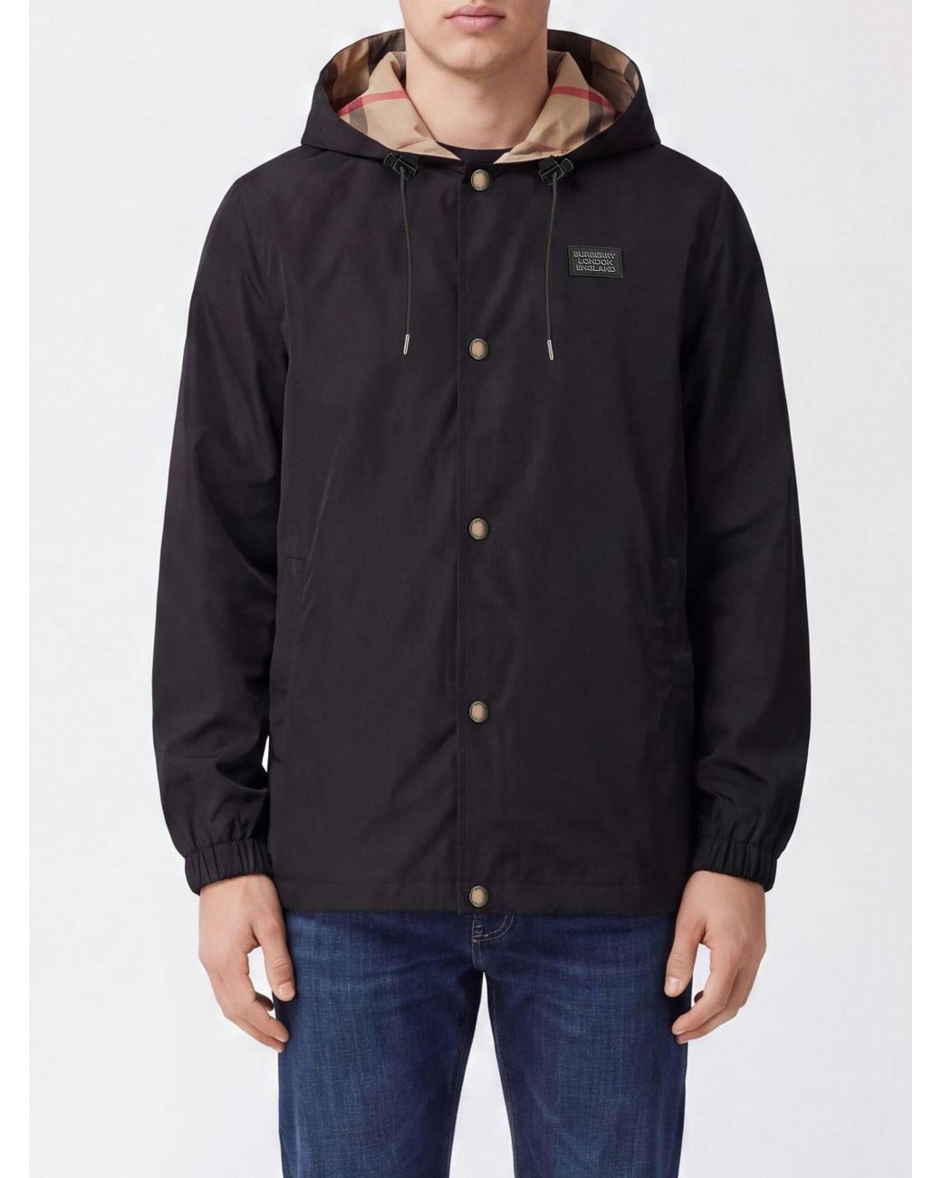 Burberry Blue Technical Fabric Windbreaker Jacket With Hood And Contrast Logo for men