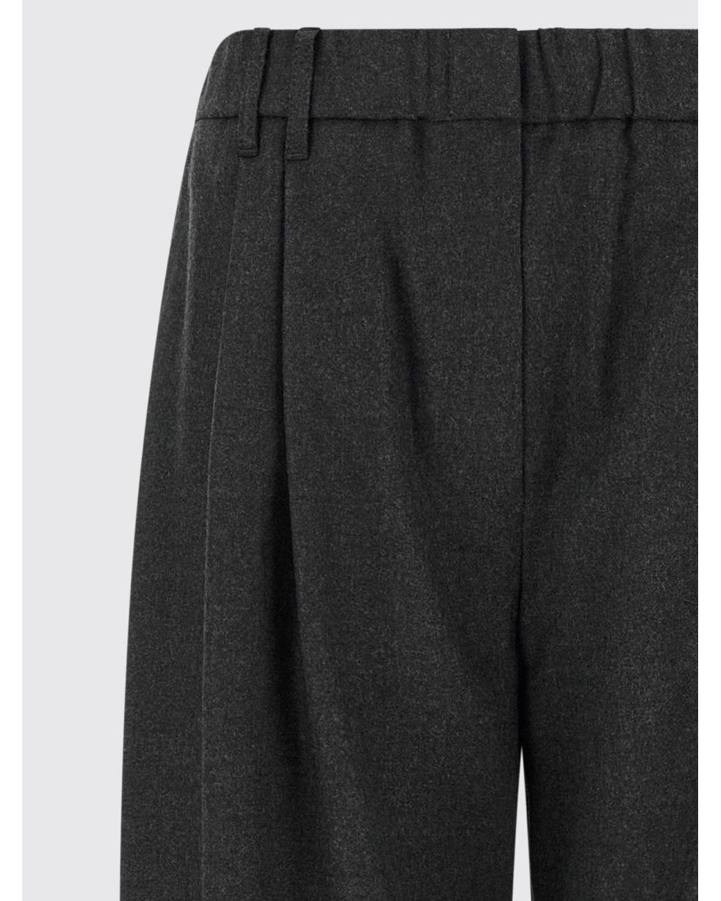 Brunello Cucinelli Black High-Waisted Virgin Wool Wide Leg Trousers With Monili