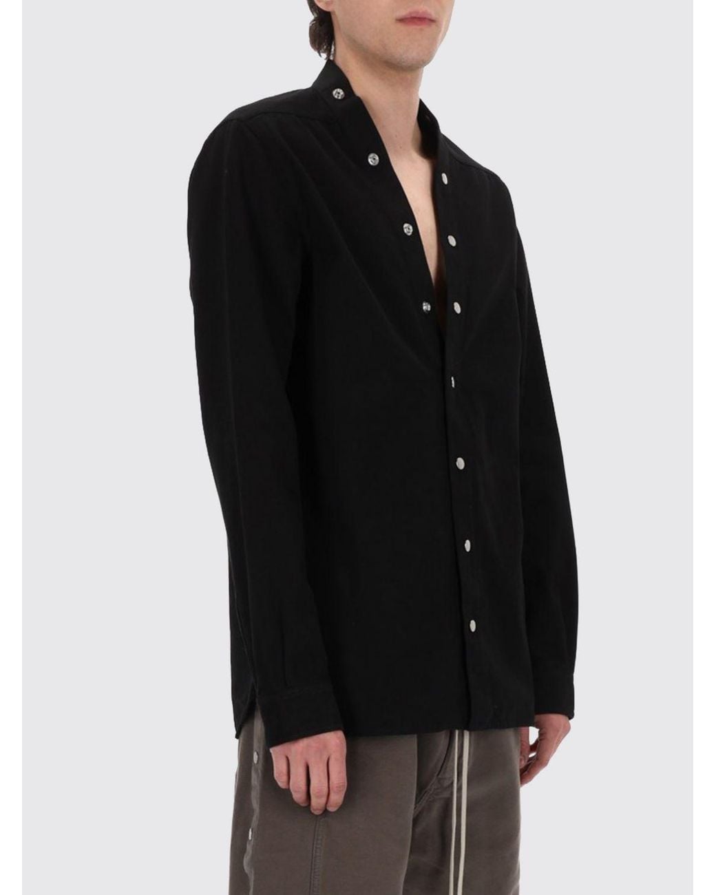 Rick Owens Black Long-Sleeved V-Neck Cotton Shirt With Button Closure for men