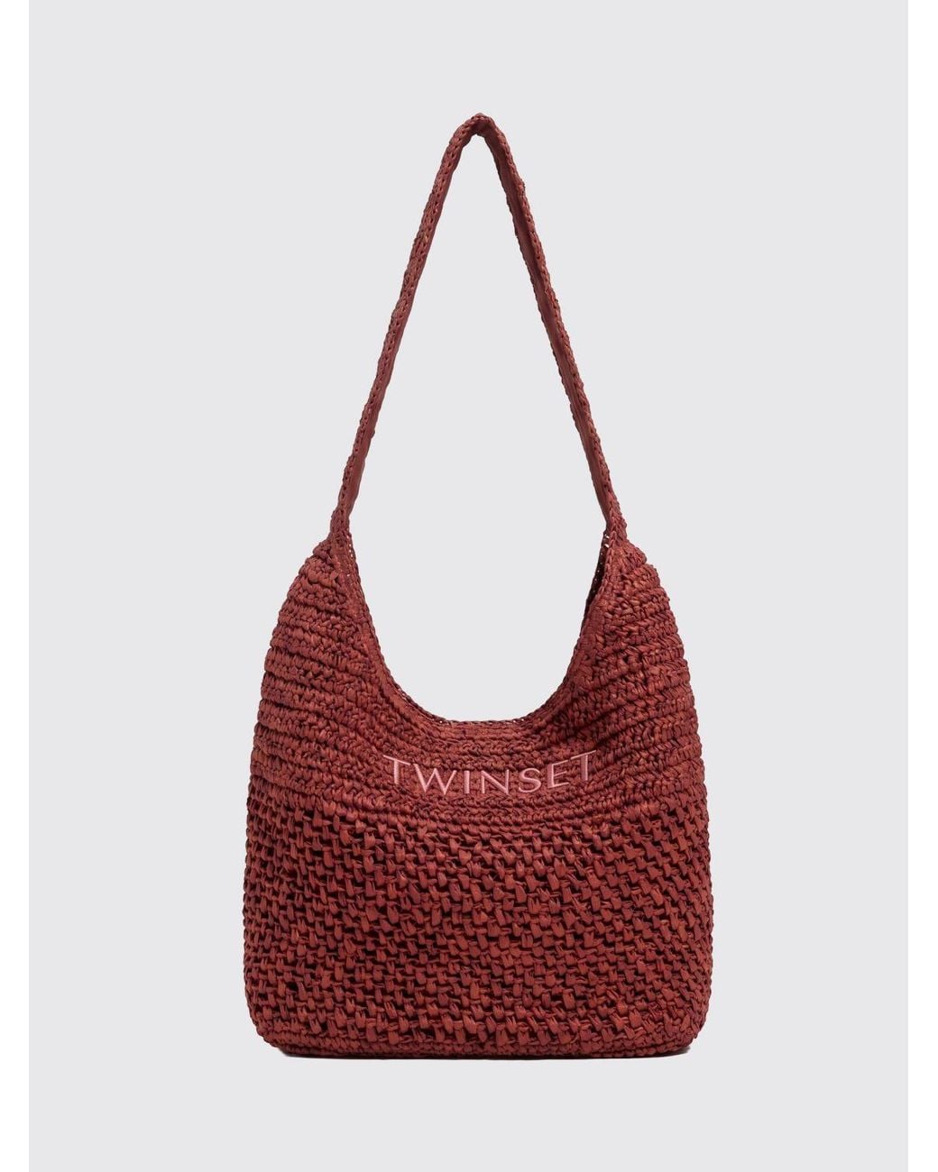Twinset Crochet Raffia Crossbody Bag With Braided Strap And Embroidered Logo