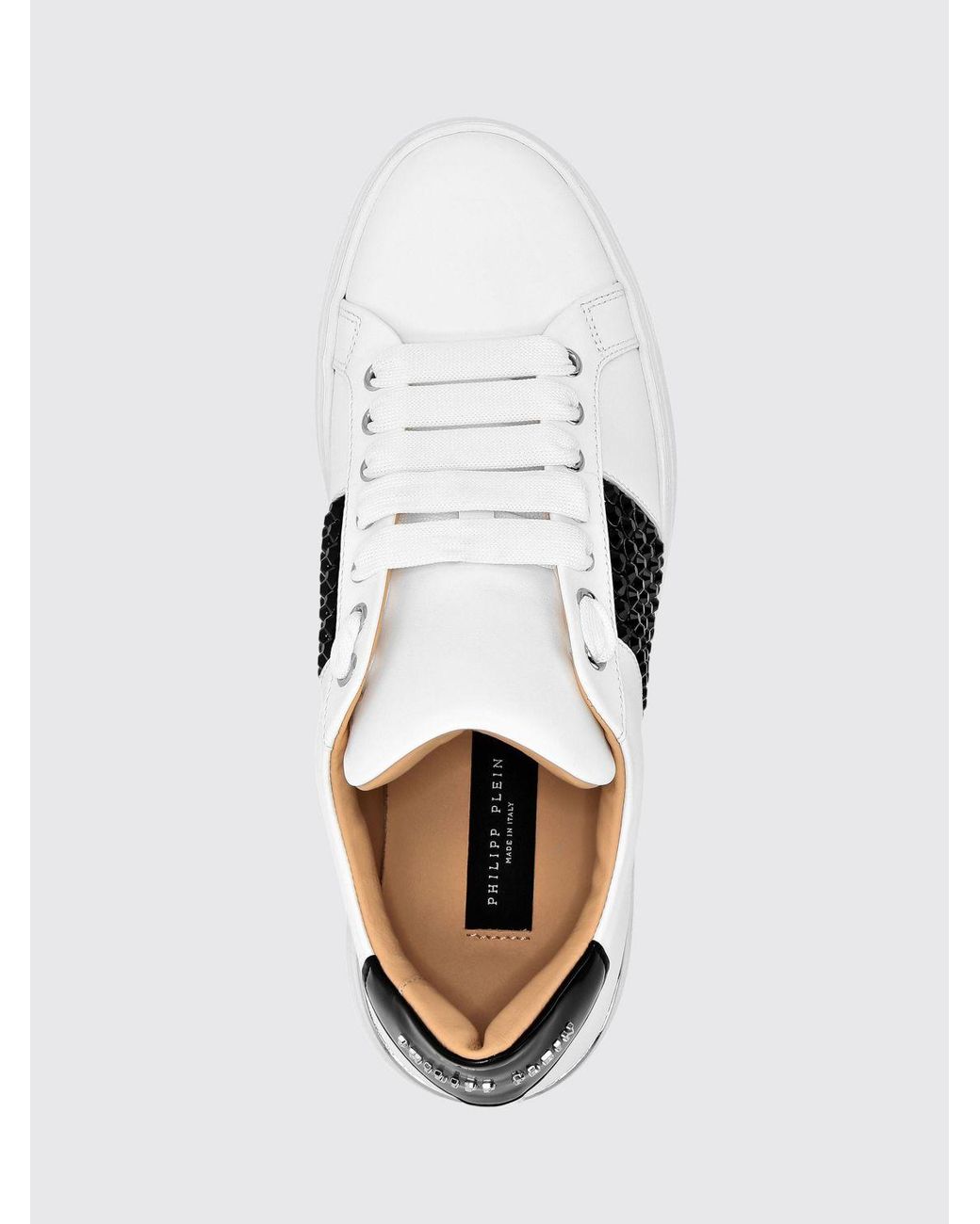 Philipp Plein White Leather Low-Top Sneakers With Rhinestones And Abstract Embroidery