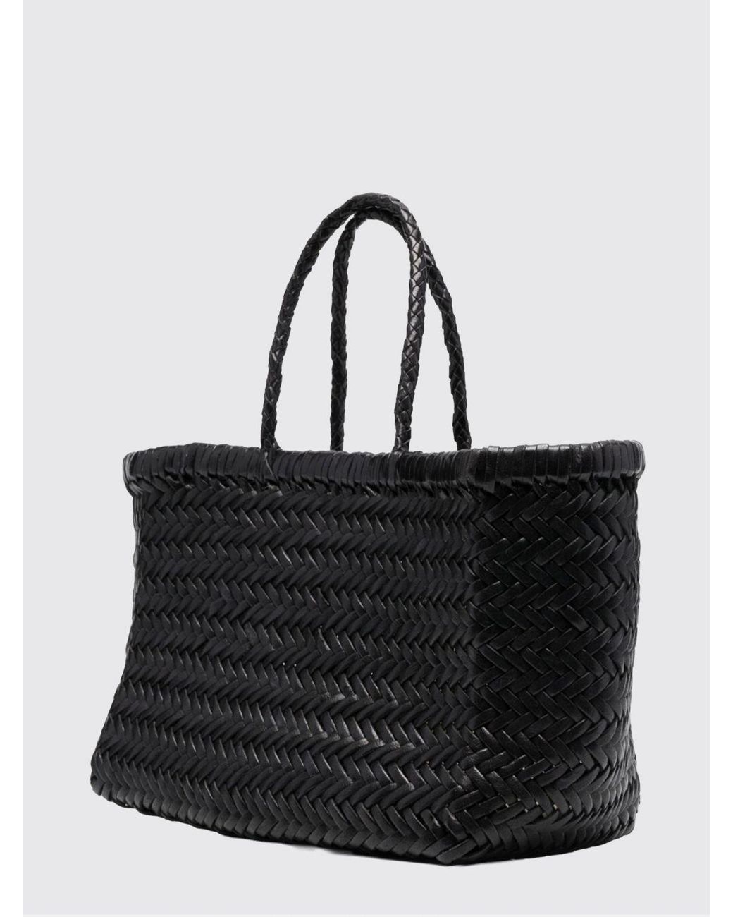 Dragon Diffusion Black Triplo Salto Woven Leather Handbag With Double Handle