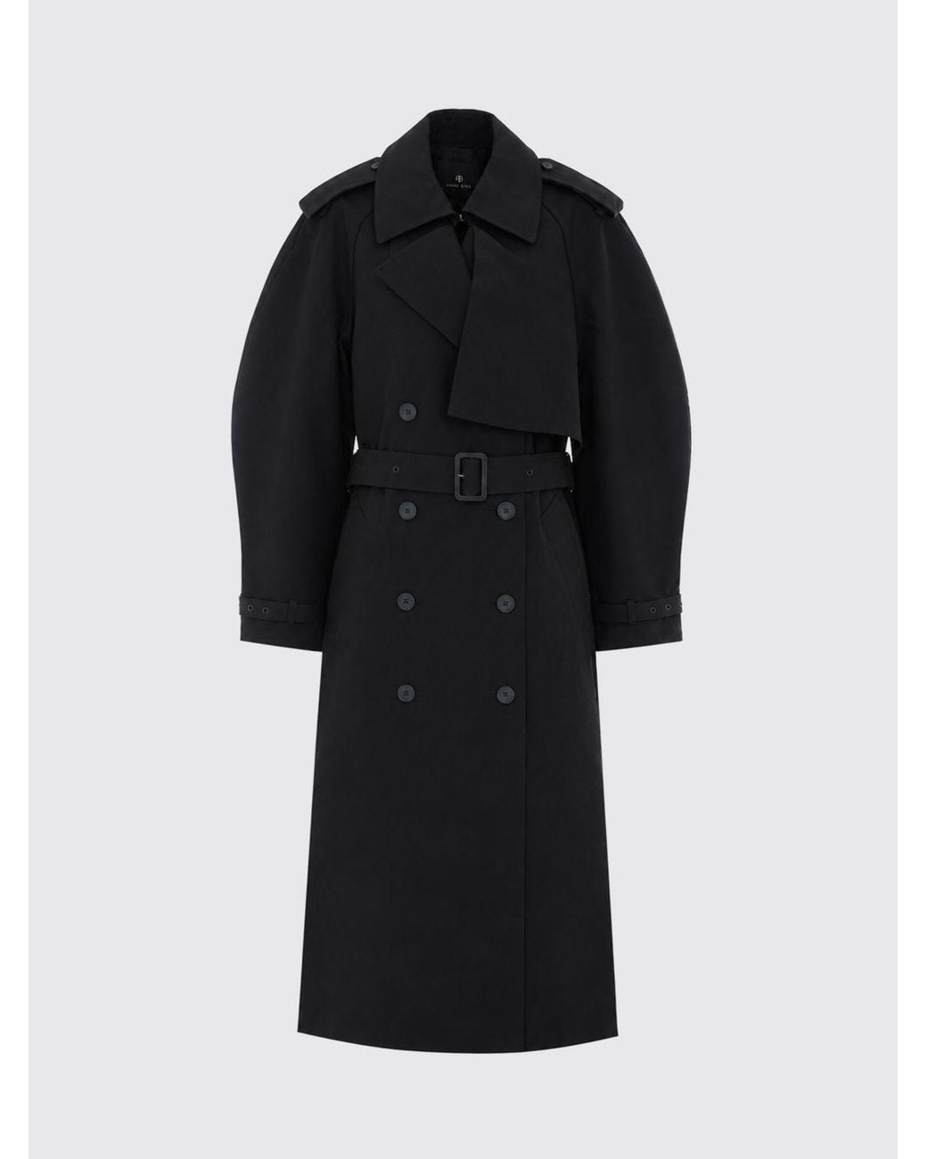 Anine Bing Black Double-Breasted Cotton Trench Coat With Balloon Sleeves And Belt