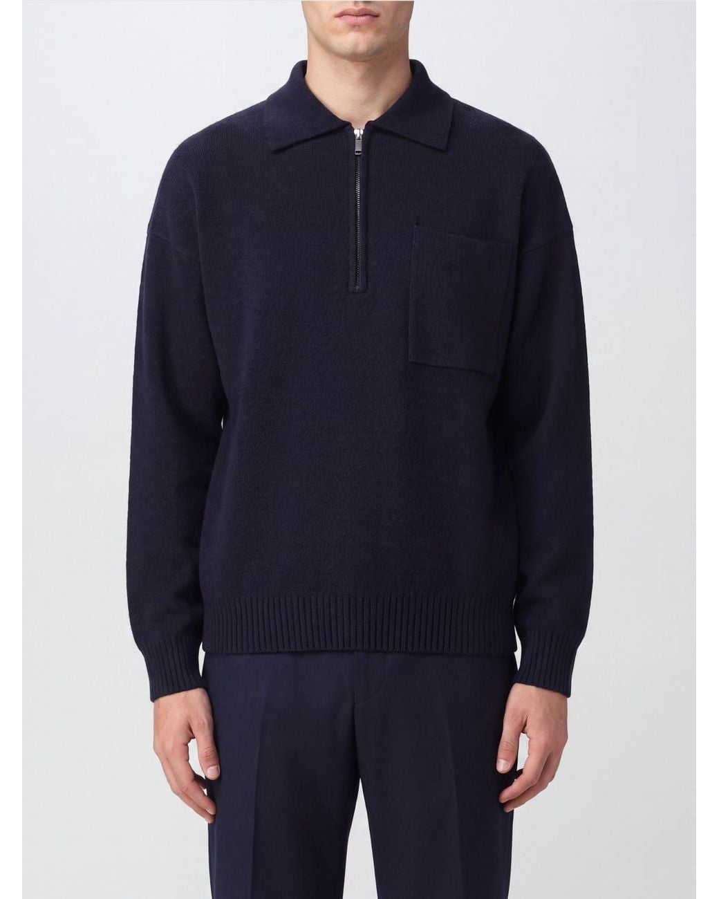 Roberto Collina Blue Long-Sleeved Merino Wool Knit Polo Shirt With Zip for men