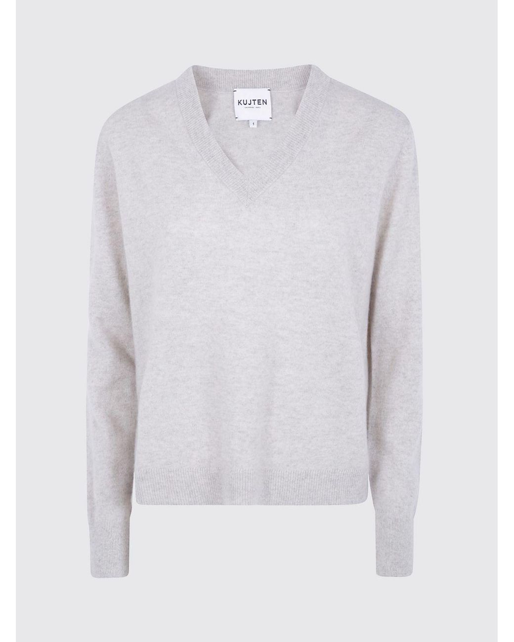 Kujten Gray V-Neck 100% Cashmere Jumper With Long Sleeves And Ribbed Trims