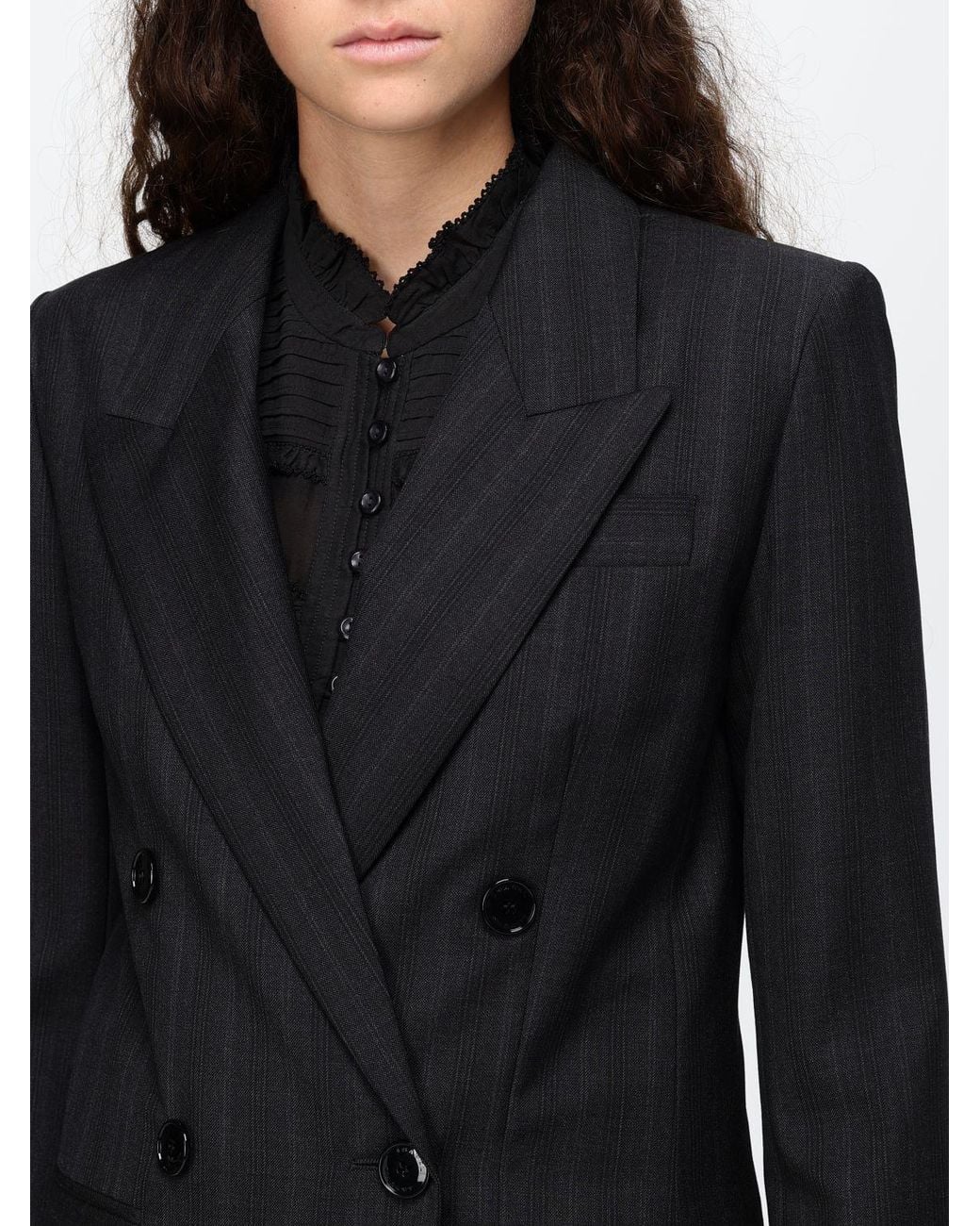 Isabel Marant Black Pinstripe Double-Breasted Virgin Wool Blazer With Peak Lapels