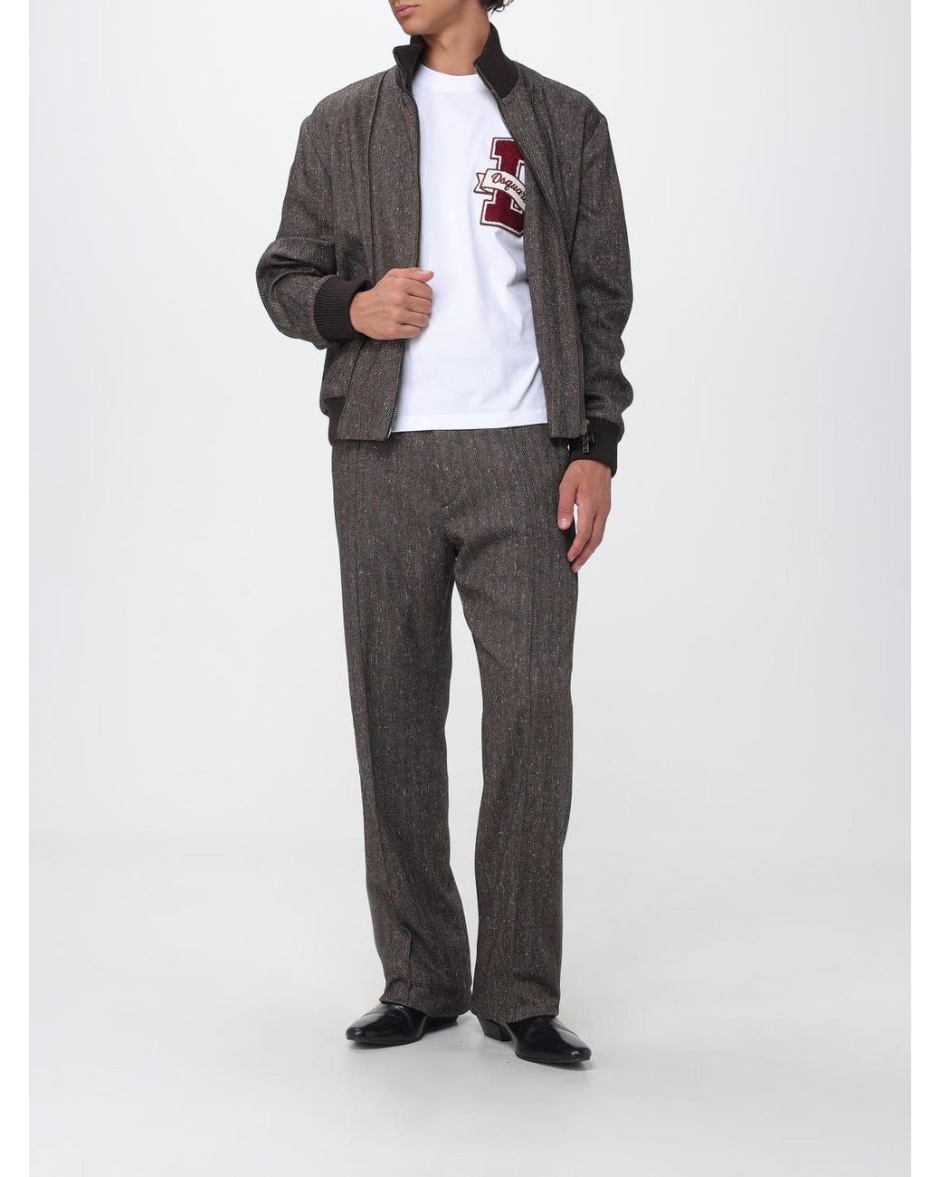 DSquared² Gray Chevron Wool-Blend Wide-Leg Tailored Trousers for men