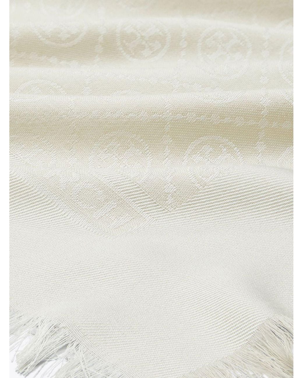 Tory Burch Natural Square Silk And Wool Foulard With Double T Logo And Fringed Edges