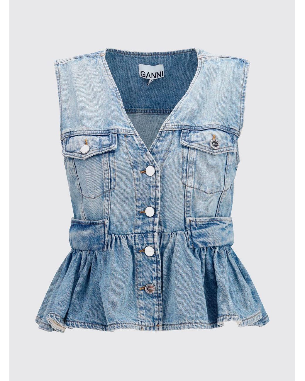 Ganni Blue Slim Fit V-Neck Denim Top With Flounces