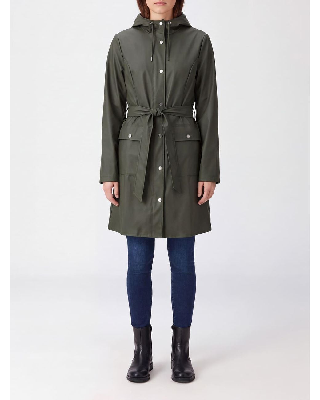 Rains Green Waterproof Hooded Trench Coat With A Tie-Belt Waist