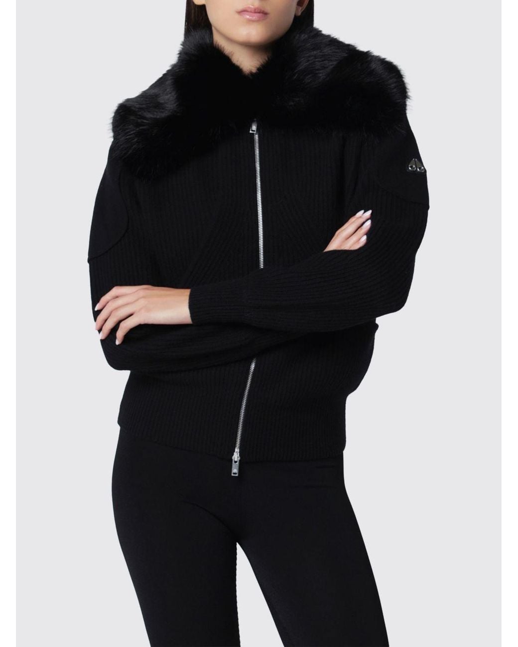 Moose Knuckles Black Ribbed Wool Cardigan With Shearling Interior And Zip Closure