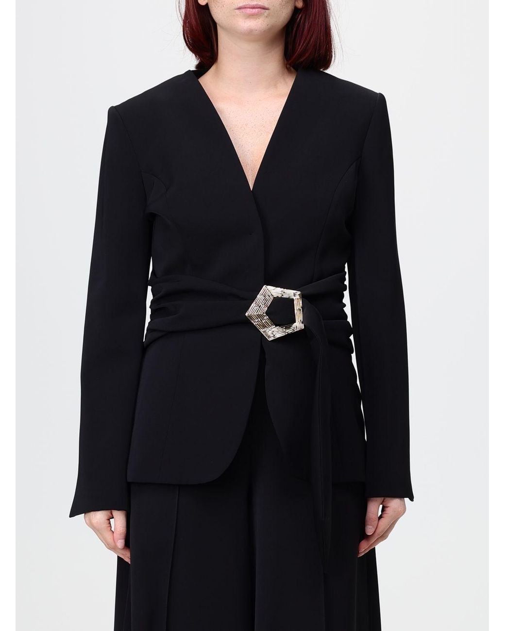 SIMONA CORSELLINI Black Single-Breasted Crêpe Blazer With Adjustable Waist Belt