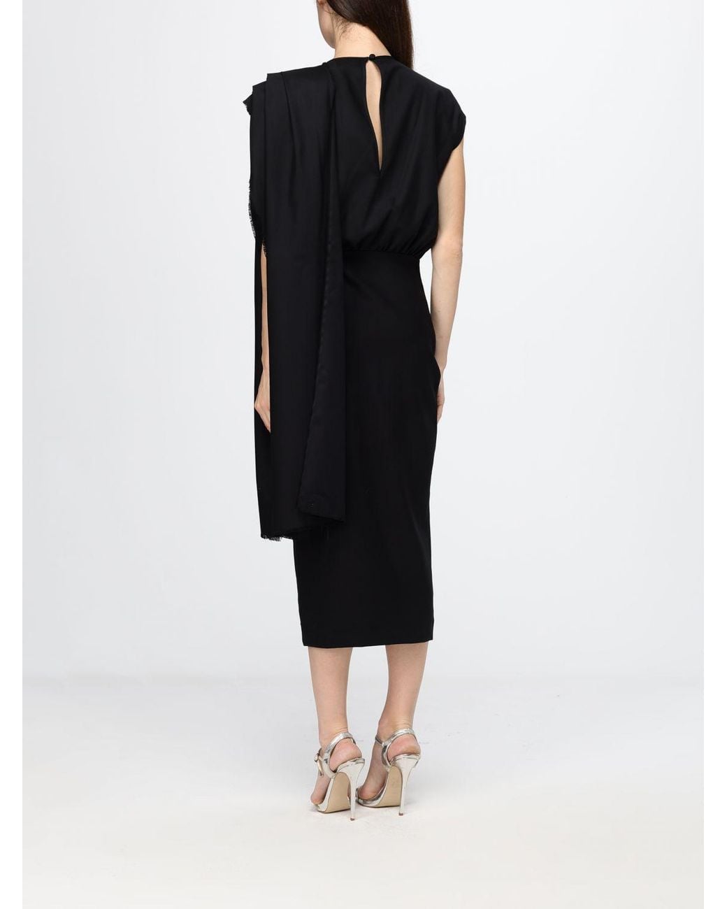 Crida Milano Black Laura Asymmetric One-Shoulder Wool Midi Ceremony Dress