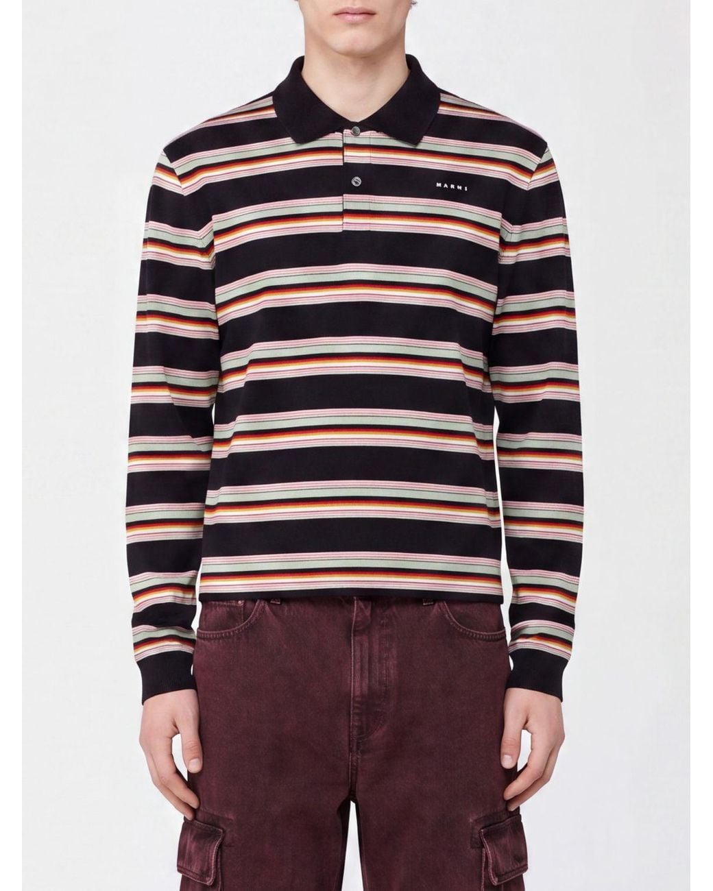 Marni Blue Long-Sleeved Striped Cotton Polo Shirt With Contrast Logo for men