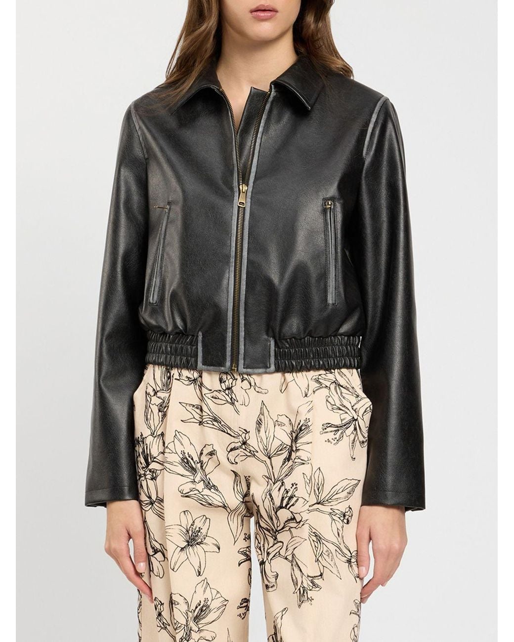 Twinset Gray Short Synthetic Leather Jacket With Zip Closure And Elasticated Hem