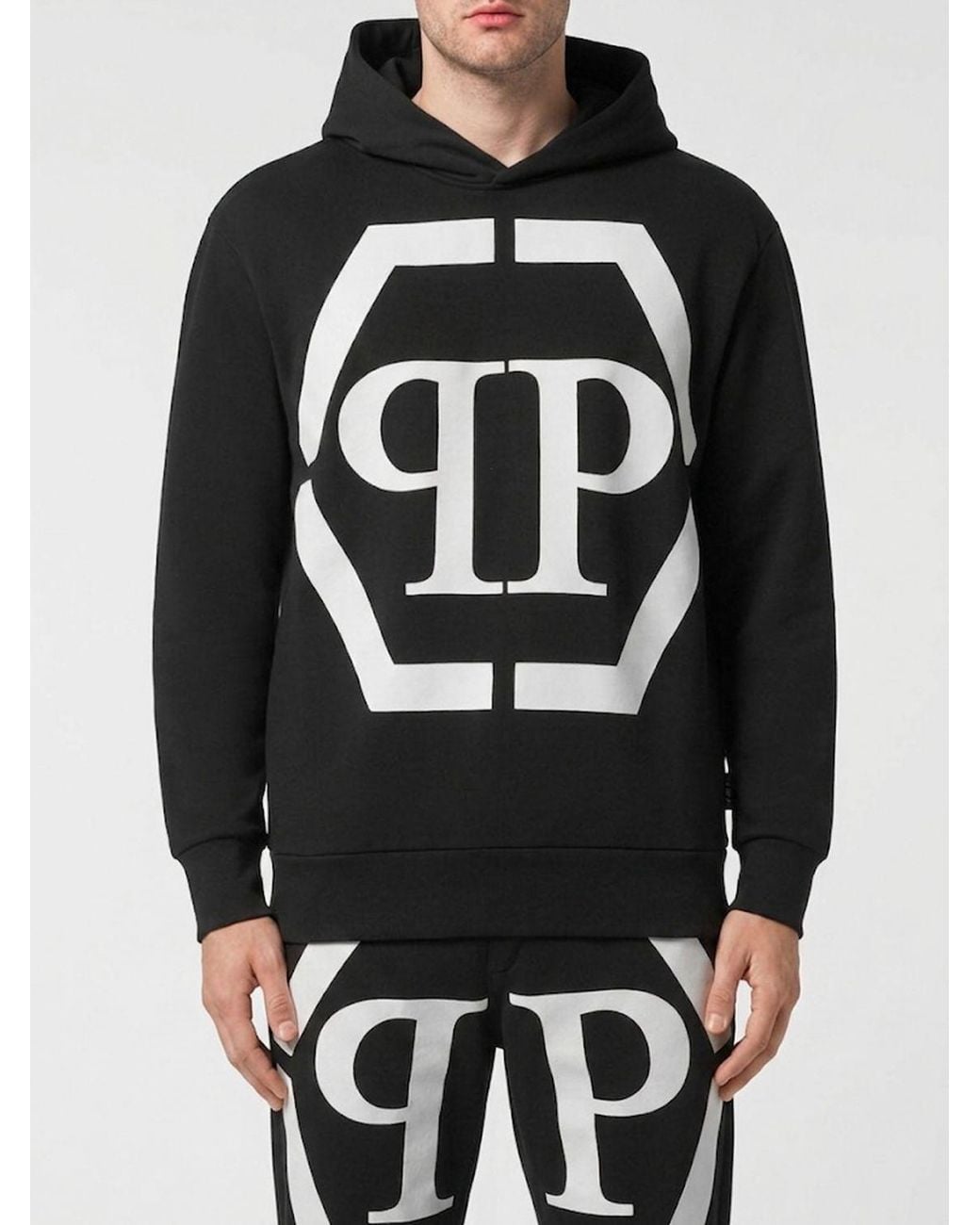 Philipp Plein Black Monogram Print Cotton Hoodie With Hexagon Logo And Dropped Shoulders for men