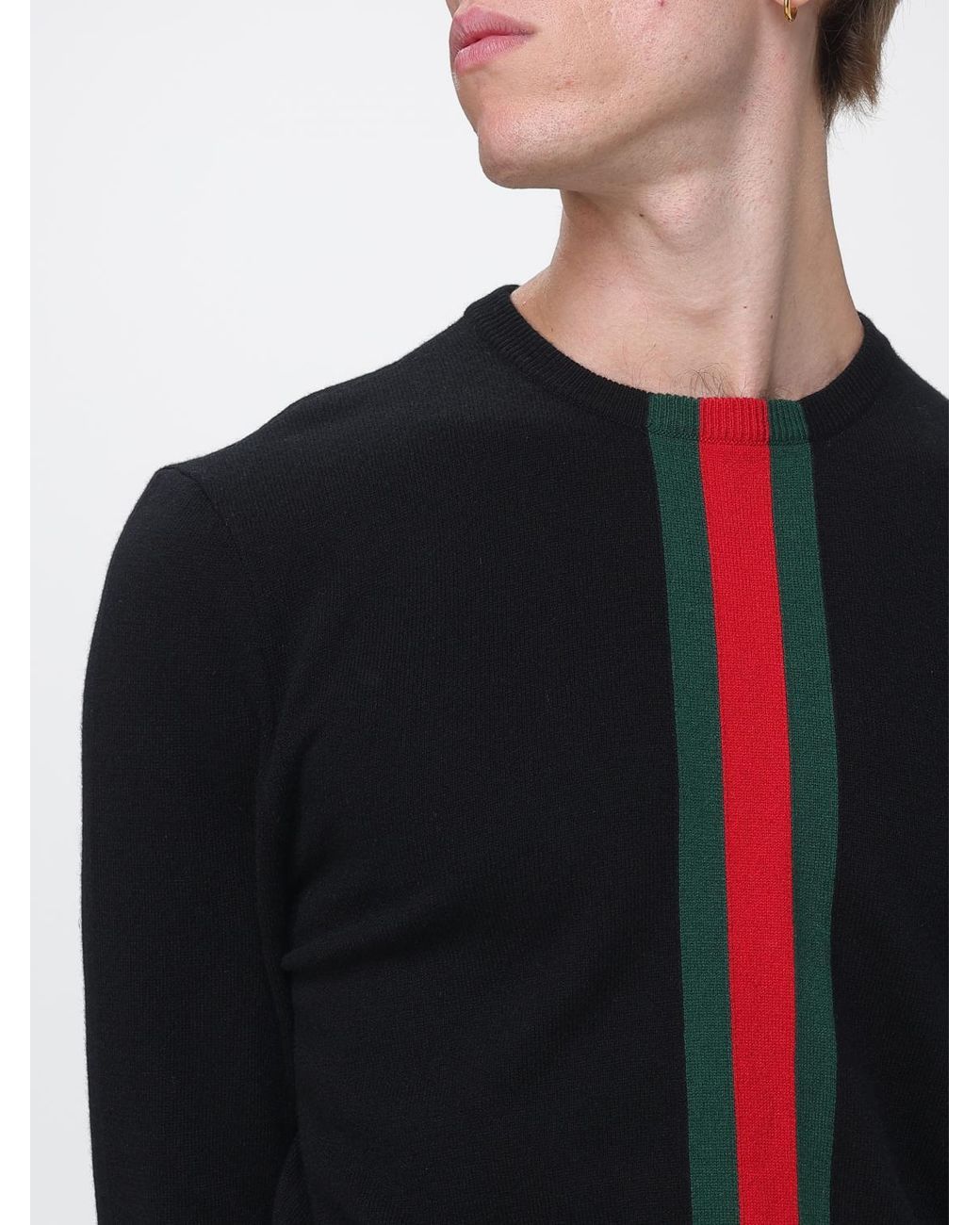 Gucci Blue Slim Fit Striped Cashmere Crewneck Jumper With Web Detail for men