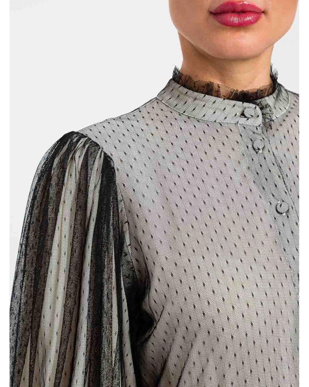Twinset Gray Point D'Esprit Tulle Shirt With Ruffled Collar And Puff Sleeves