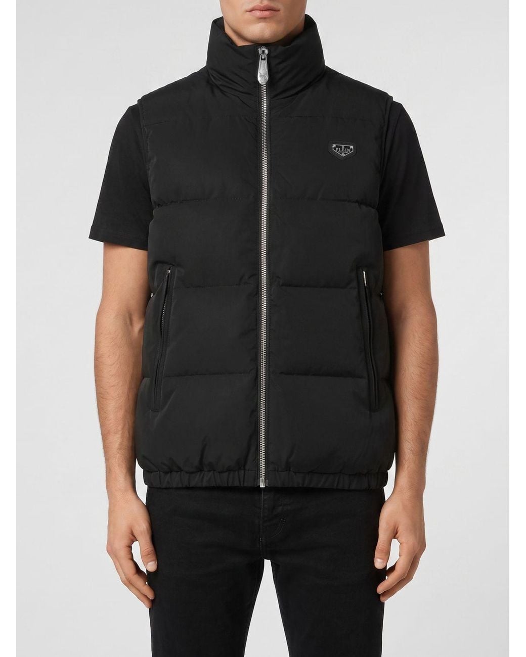 Philipp Plein Black High Neck Padded Technical Fabric Vest With Zip for men