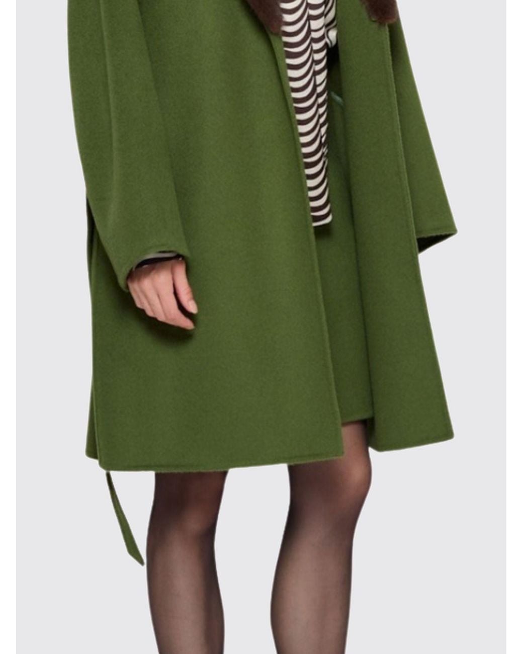 P.A.R.O.S.H. Green P.A.R.O.S.H. Knee-Length Wool Robe Coat With Fur Collar