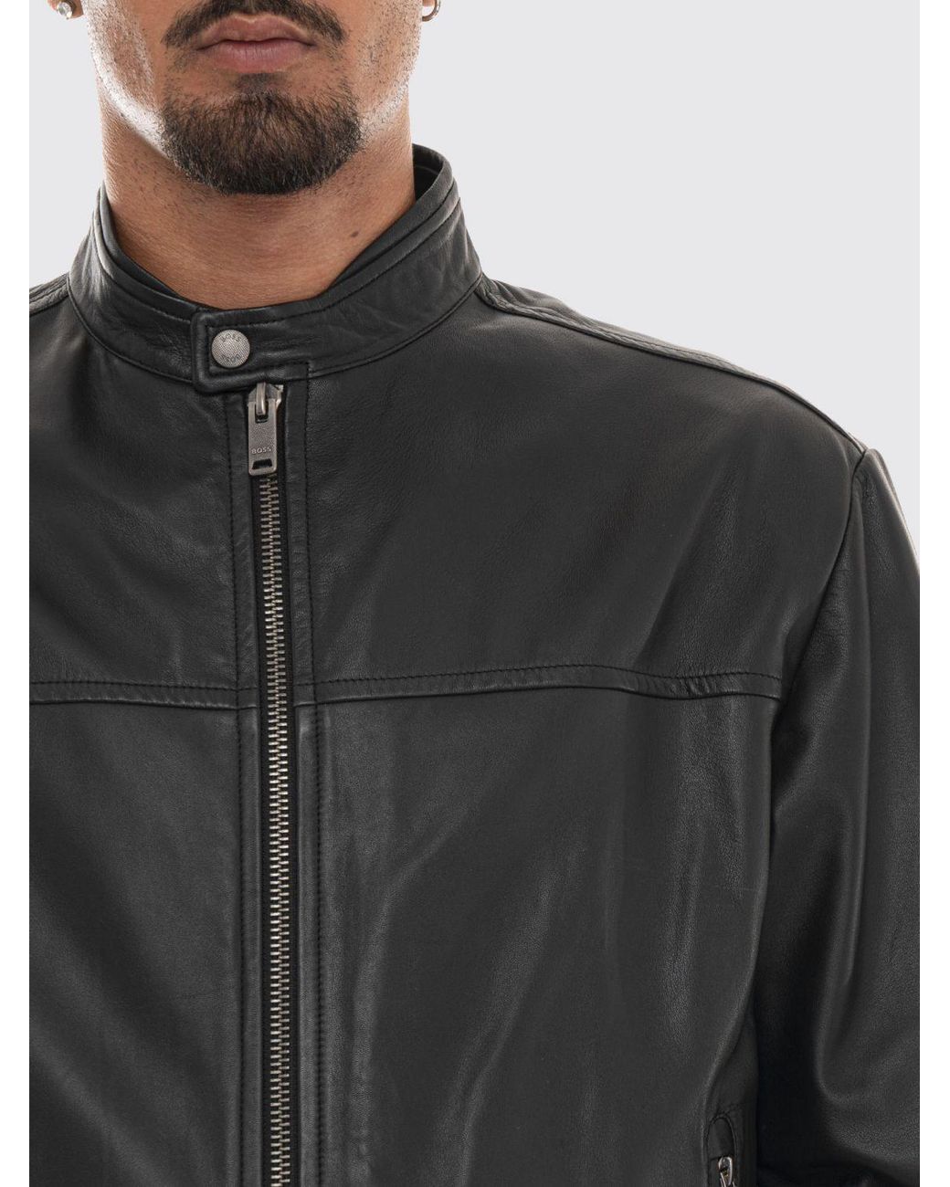 Boss Black Joslay Leather Biker Jacket With High Collar And Zipped Pockets for men