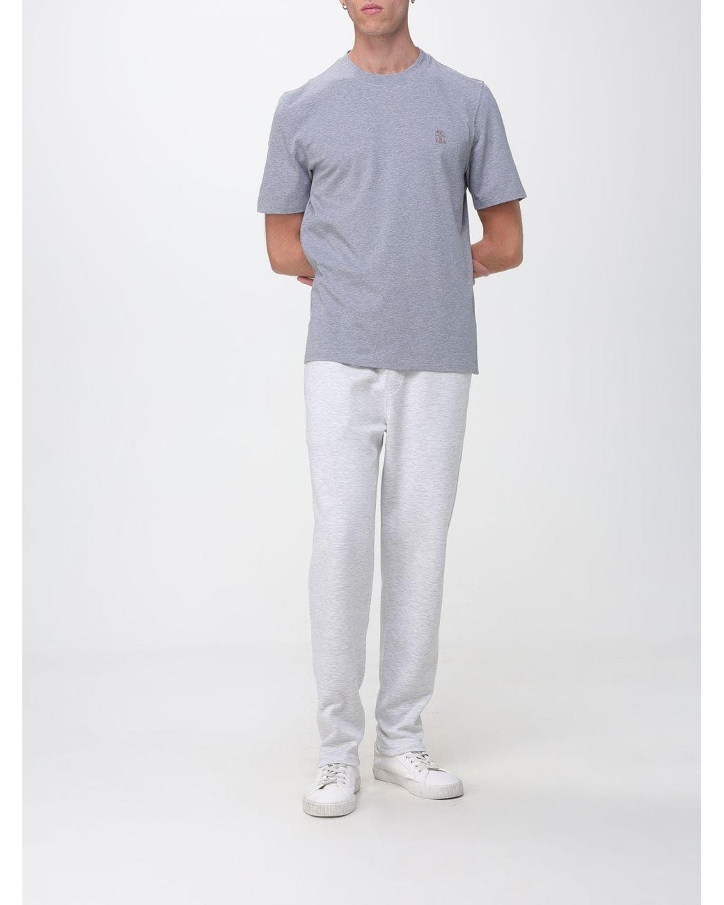 Brunello Cucinelli Blue Cotton Crew-Neck T-Shirt With Contrast Logo for men