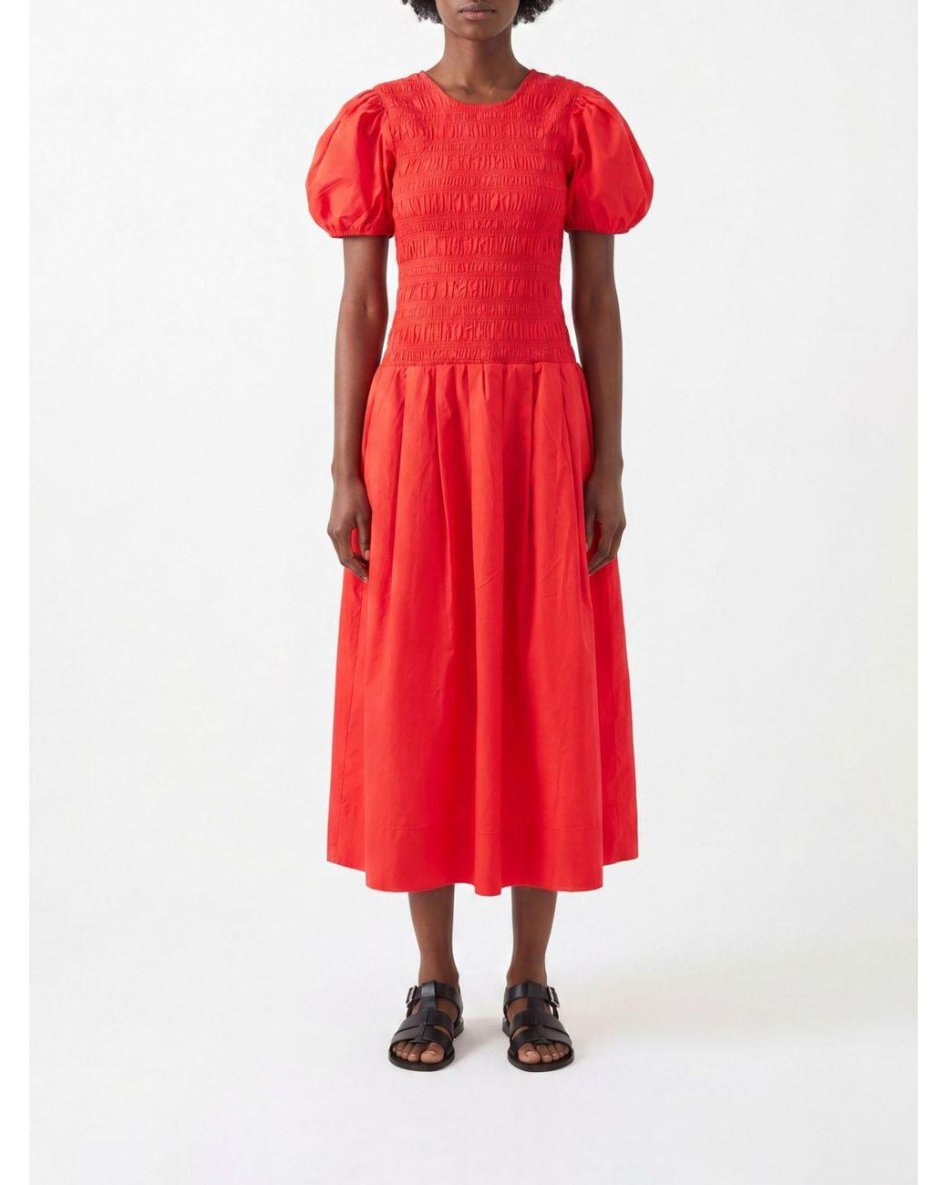Ganni Red Puff-Sleeve Organic Cotton Midi Dress
