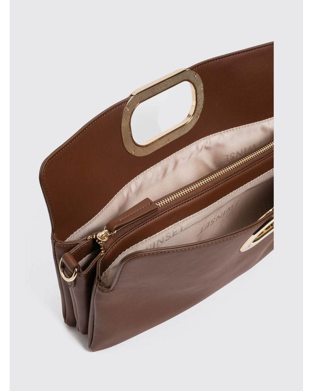 Twinset Brown Faux Leather Clutch With Rigid Handle And Shoulder Strap