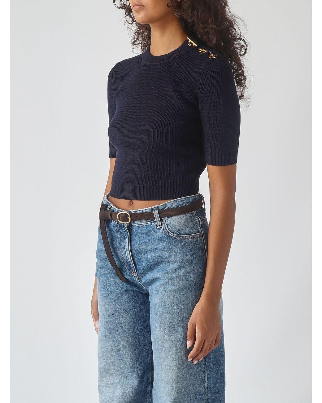 Elisabetta Franchi Blue Cropped Ribbed Viscose Top With Metal Eyelets
