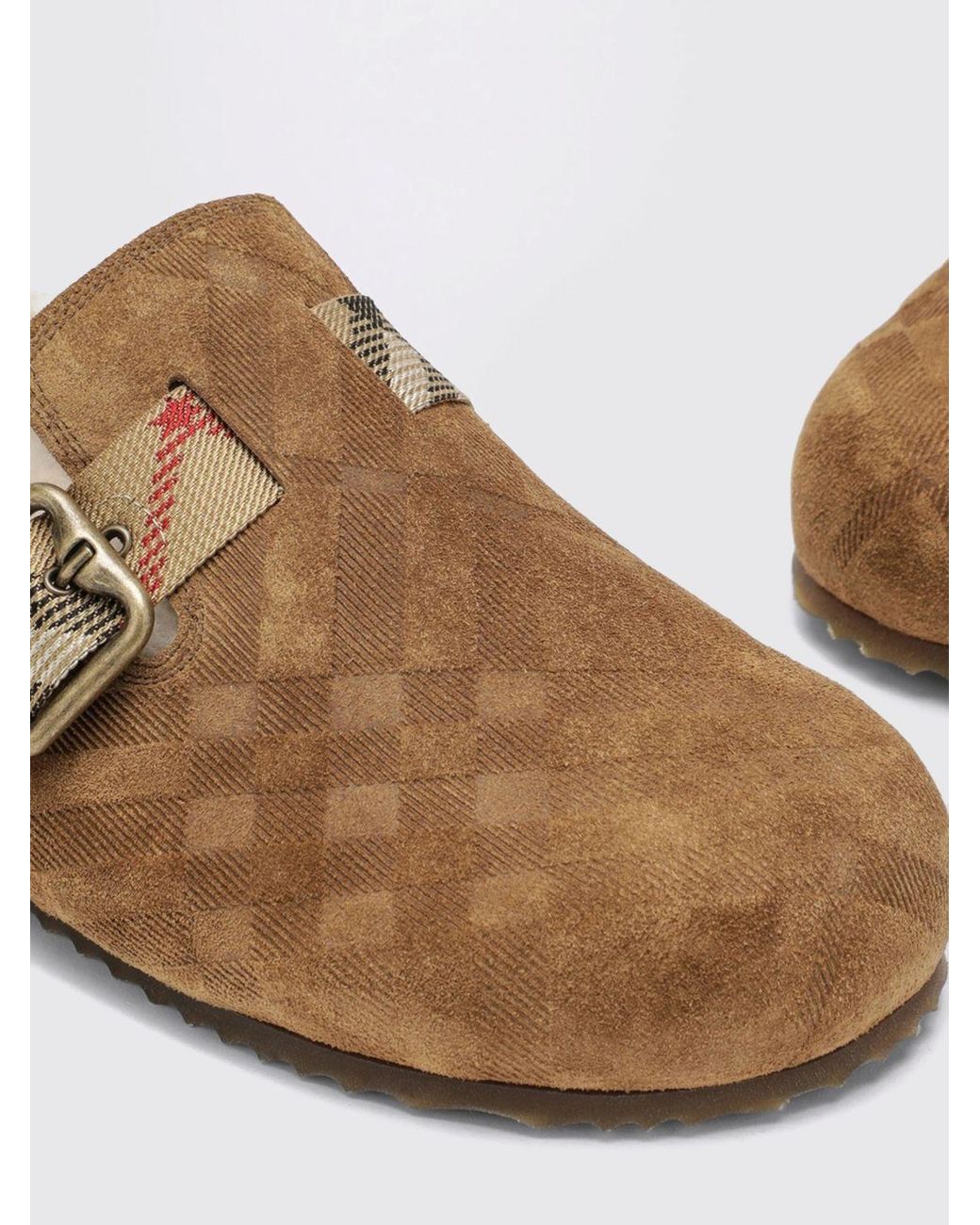 Burberry White Urchin Shearling Mules With Vintage Check Pattern And Strap