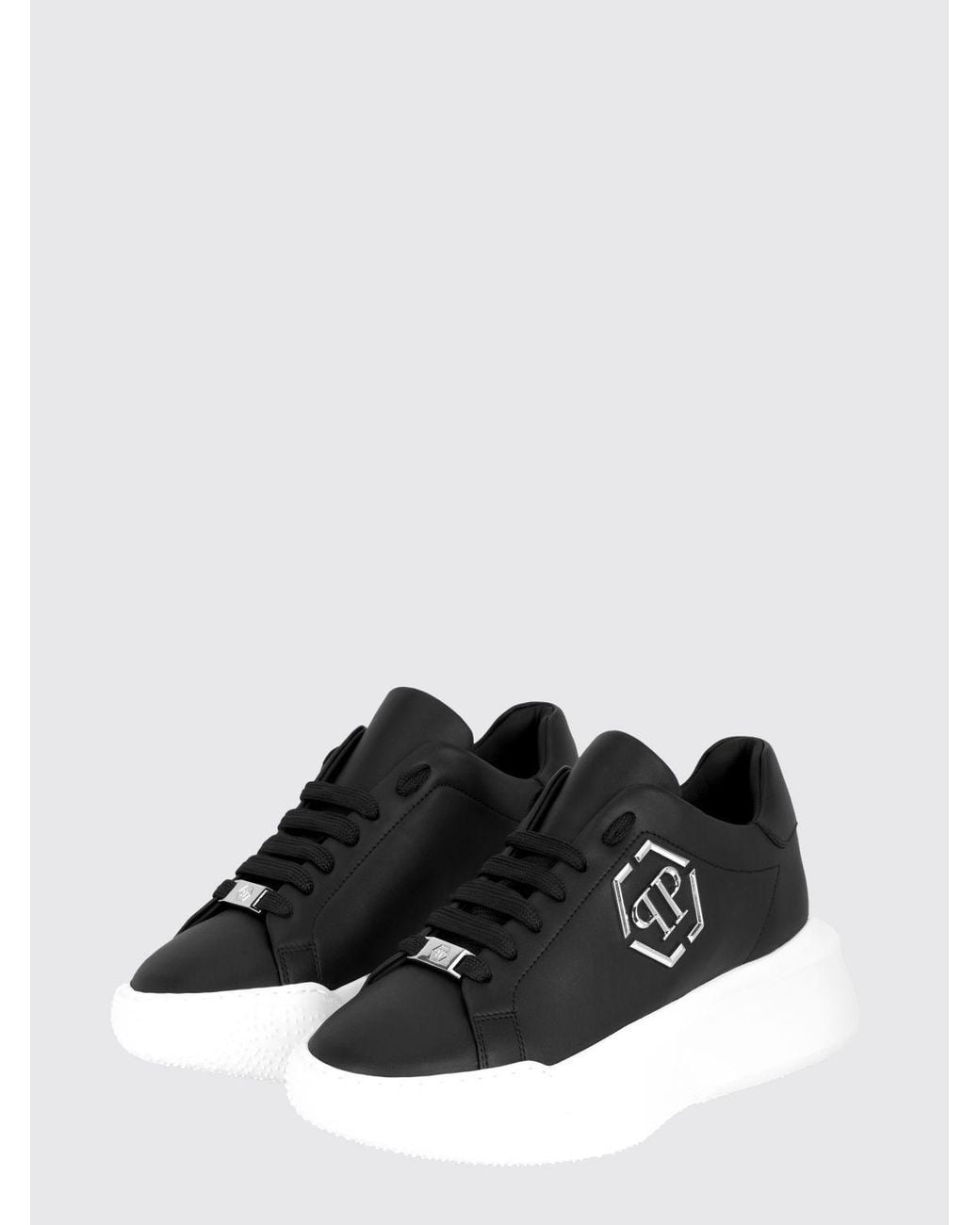 Philipp Plein Black Low-Top Leather Sneakers With Hexagon Logo And Platform Sole for men