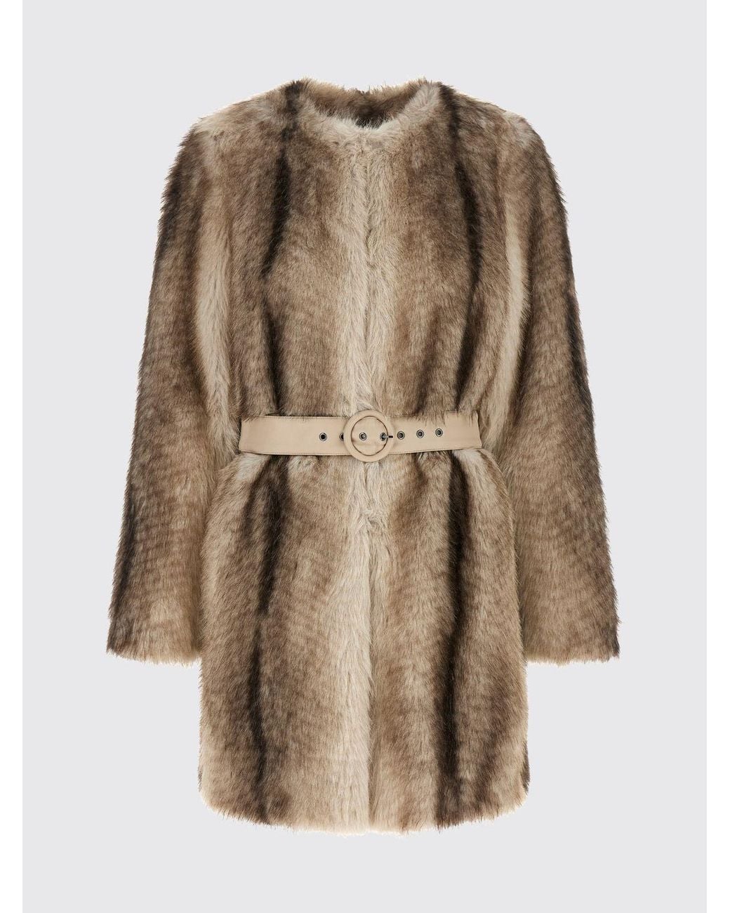 Twinset Natural Crewneck Abstract Pattern Faux Fur Coat With Belt