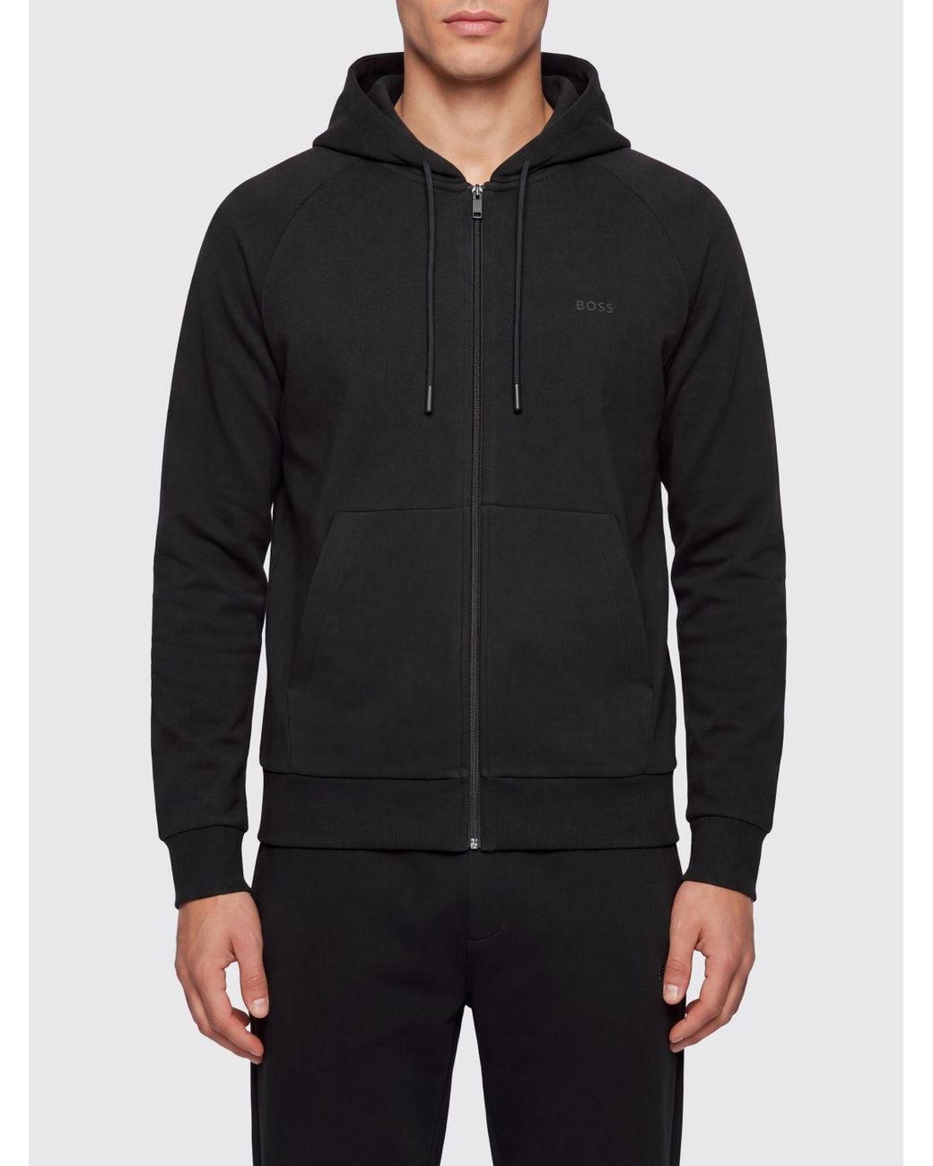 Boss Black Tonal Logo Zip-Up Cotton Hoodie for men