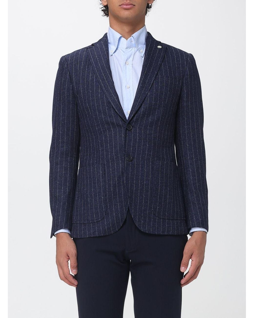 Manuel Ritz Blue Pinstriped Slim Fit Single-Breasted Viscose Blend Blazer for men