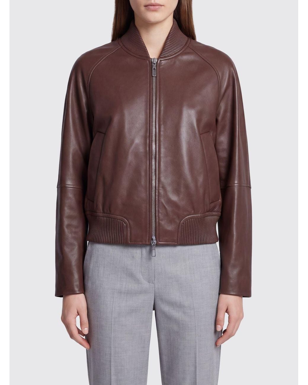 Sportmax Brown Amour Cropped Lambskin Bomber Jacket With Zip Closure