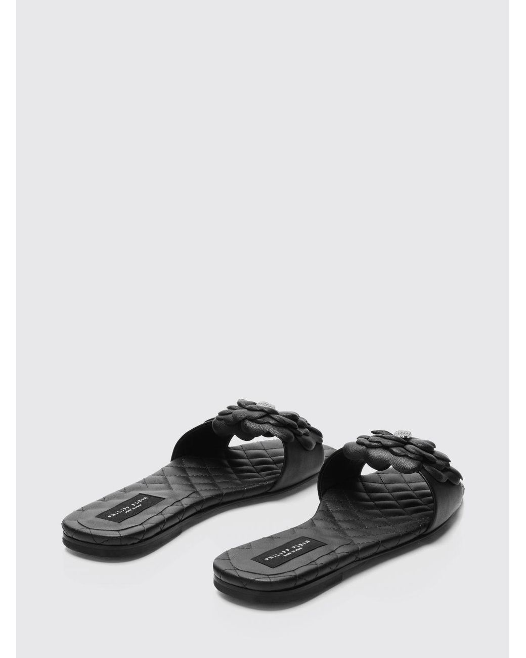 Philipp Plein Black Leather Slide Sandals With Floral And Skull Appliqué