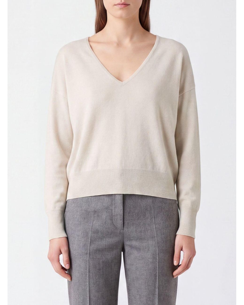 Roberto Collina White Merino Wool And Cashmere V-Neck Jumper With Dropped Shoulders
