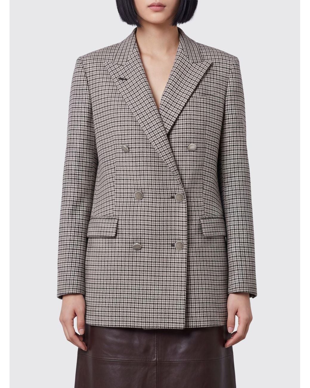 Tagliatore Gray Double-Breasted Wool-Blend Blazer With Houndstooth Pattern